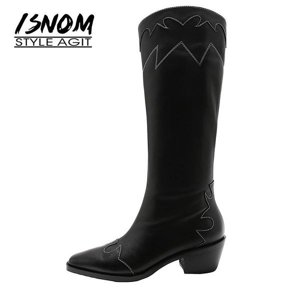 

boots isnom genuine leather women fashion side zipper thick heel square toe mid knee high real knight, Black
