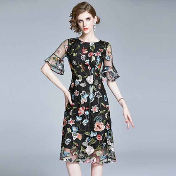 

zawfl women summer elegant embroidery mesh dress festa female designer long party vestidos vintage robe femme 210525, Black;gray