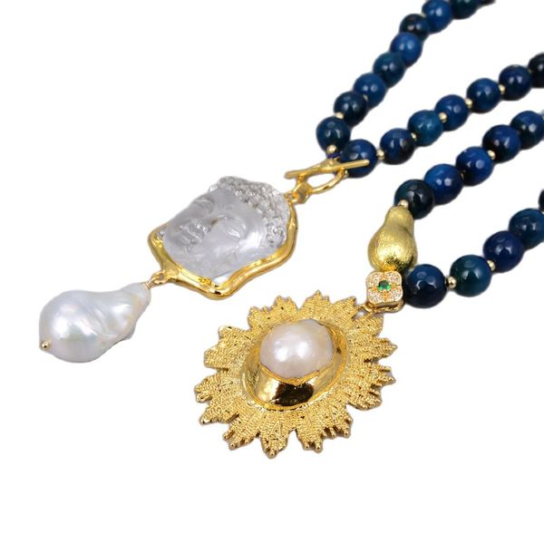 

guaiguai jewelry 2 strands blue agates necklace keshi pearl clear quartz buddha head pendant necklace 20" religious style for women, Silver