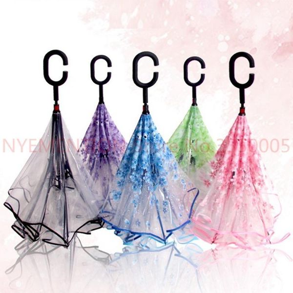 

umbrellas 2pcs transparent reverse umbrella double layer cherry blossoms inverted rain women c-handle windproof1