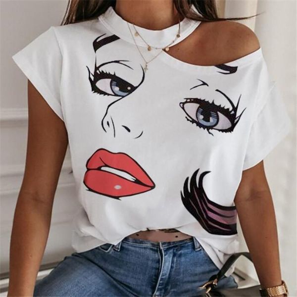 

women's t-shirt women lip eyelashes prints t shirt harajuku princess streetwear short sleeve bare shoulder female fashion vogue kawaii, White