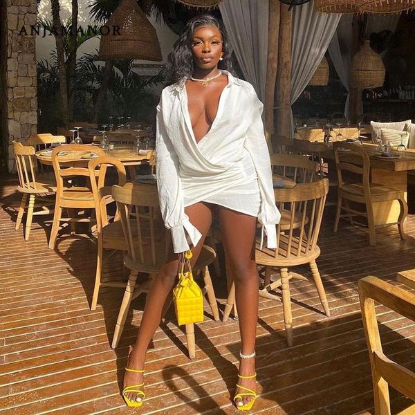 

casual dresses anjamanor white long sleeve shirt dress unique vestidos sexys night club wear deep v neck wrap mini d96-dz25, Black;gray