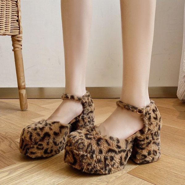 

dress shoes 2021 winter women's fur platform pumps women round toe leopard mixed colors high heel lolita cosplay halloween plush, Black
