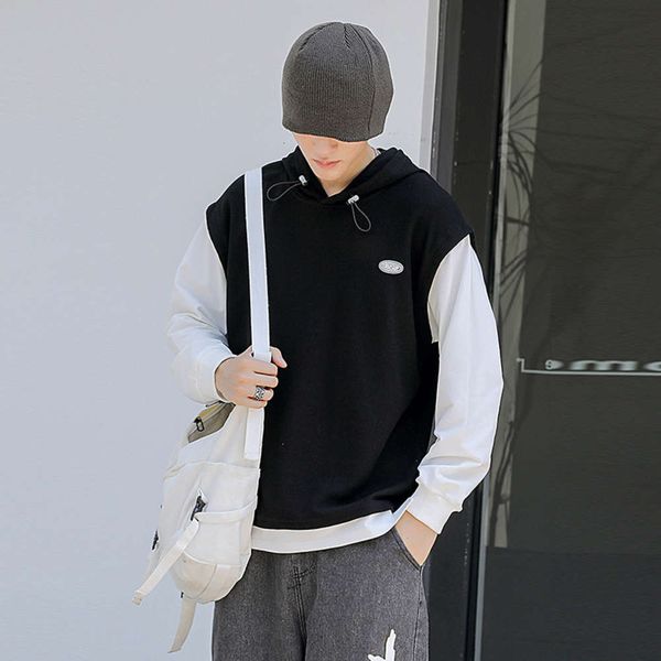 

trendy men's hoodie fall college style waffle fake two loose casual clothes, Black