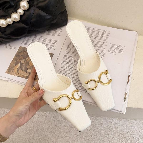 

slippers s women 2021 summer fashion square toe mules shoes slip on thin heels metal buckle pumps sandals, Black