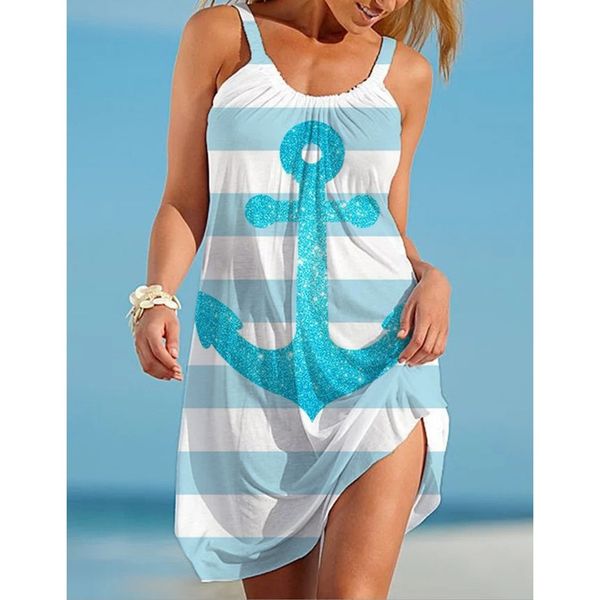 

blue striped women s long-sleeved round neck tie new style 3d printing loose summer beach seabed animal ocs sling sleeveless casual dress, Black;gray