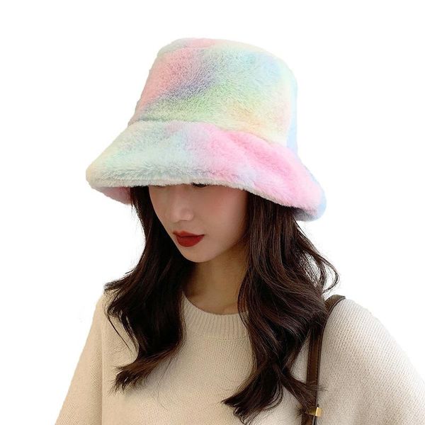 

wide brim hats winter women hat tie-dye fur warm female cap faux bucket for outdoor sunscreen sun panama lady, Blue;gray
