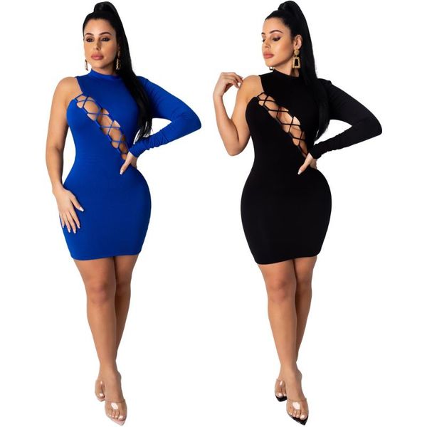 

casual dresses women 2021 winter half turtleneck one sleeve sheath dress black/blue hollow out night club solid color bodycon, Black;gray