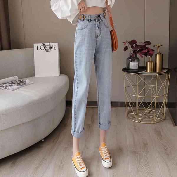 

spring new elastic waist straight-leg jeans female nine-point old pants jxmyy 210412, Blue