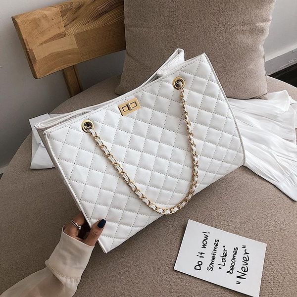 Bolsas de noite Bolsa grande branca para mulheres Bolsa tiracolo com corrente Diamante Lattice Ombro Feminino Grande Bolsas de couro xadrez para compras