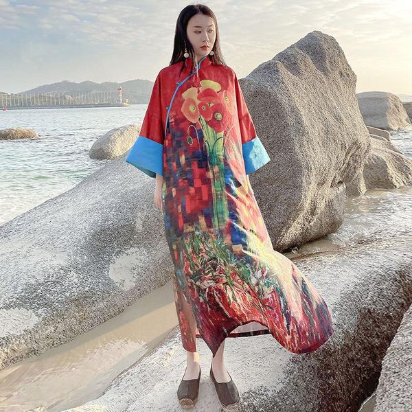 

casual dresses johnature women polyester dress o-neck three quarter sleeve print floral cheongsam 2021 spring button chinese style, Black;gray