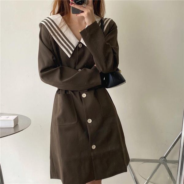 

casual dresses alien kitty autunmn women sailor collar long-sleeves solid gentle loose french sweet female fashion elegant, Black;gray