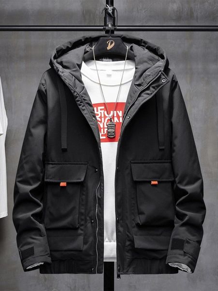 

men flap pocket zip-up hooded jacket r91x#, Black;brown