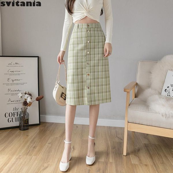 

svitania woman retro plaid skirt summer girls chiffon mid-calf hip skirts, Black