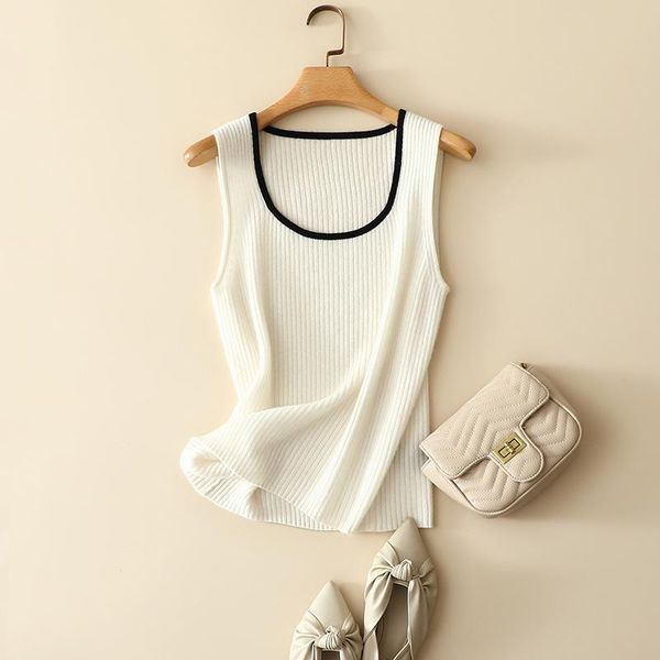 

women's sweaters cashmere sleeveless crew neck contrast ribble knitted sweater vest for women, White;black