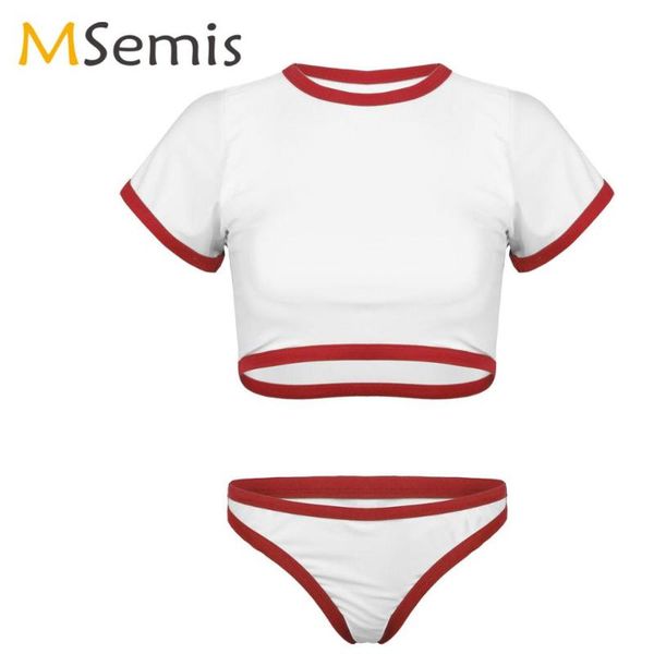 

one-piece suits womens swimsuits round neck short sleeves swimwear padded push up crop with high waist thong bikini bottoms bathing suit