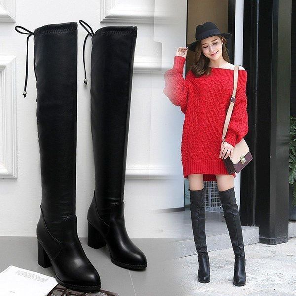 

boots boots, solid high-heeled pointed women's thick heel fashion color over the knee knights' in autumn, Black