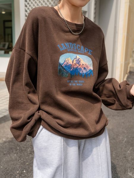 

dazy mountain & slogan graphic drop shoulder pullover p7la#, White;black