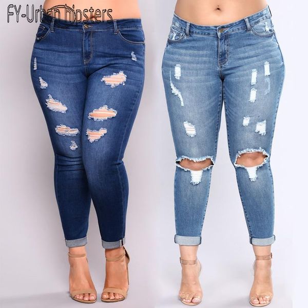 

skinny elastic jeans destroyed womenbig hole torn woman plus size stretch trousers tights female denim pants women's, Blue