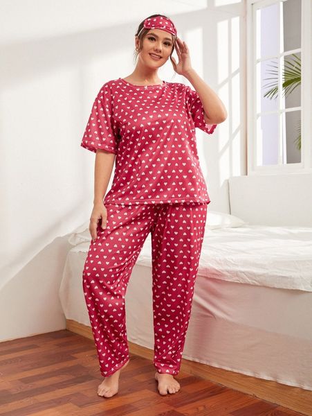 

plus heart print drop shoulder pj set with eye mask 83ss#, Black;white