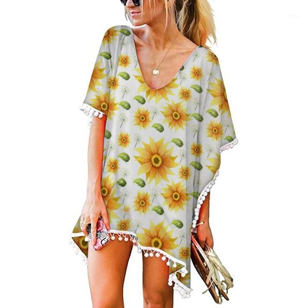 

women's swimwear bikini cover up kimono trim kaftan chiffon tassels beach loose pareo tunic, White;black