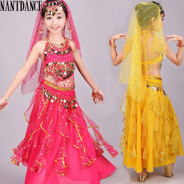 

Stage Wear 4pcs Girl Belly Dance Costumes for Girls Oriental Bollywood Skirt Dancing Clothes Kids Suit RM7N, Black;red