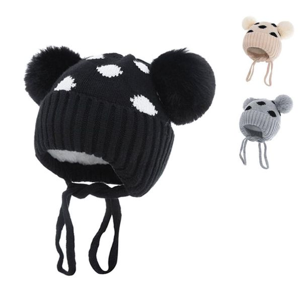 

caps & hats baby knitted hat, cotton sweet cute wind polka dot pattern, double plush ball decoration, windproof lace-up warm hat, Yellow