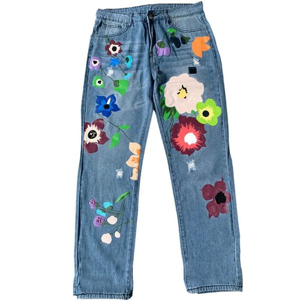 

women's jeans women wide leg jeans, high waist floral print loose denim pants with ripped holes, Blue