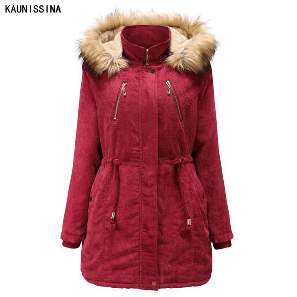 

women's wool & blends winter jackets fur hooded fleece corduroy overcoat ladies zipper cotton-padded thick warm coats womens, Black