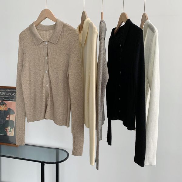 

knitted shirt polos neck women sweaters autumn cardigan inside outside coat base, White;black