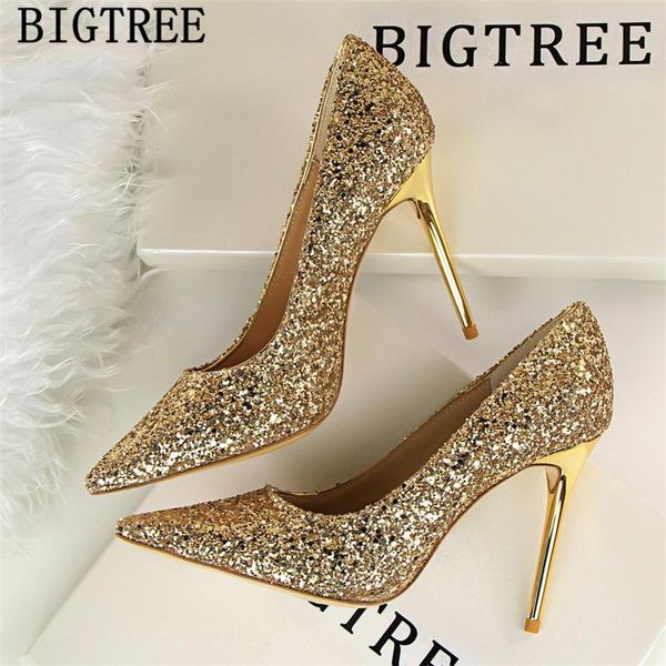 

bigtree shoes glitter heels women pumps gold stiletto dress fetish high chaussures femme buty, Black
