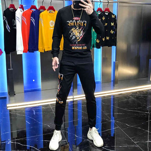 

hoodies autumn embroidered tiger print with hoodie nice pants sleeves suit two parts for man, Black