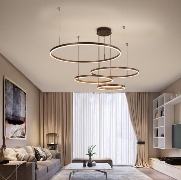 

pendant lamps minimalist modern led chandelier home lighting brushed rings ceiling mounted hanging lamp gold&coffee color