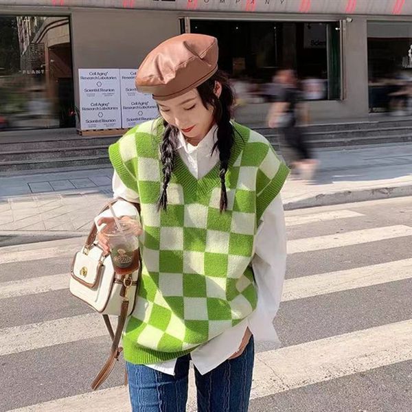 

black white checkerboard knitted vt women's 2021 autumn and winter loose sweater coat