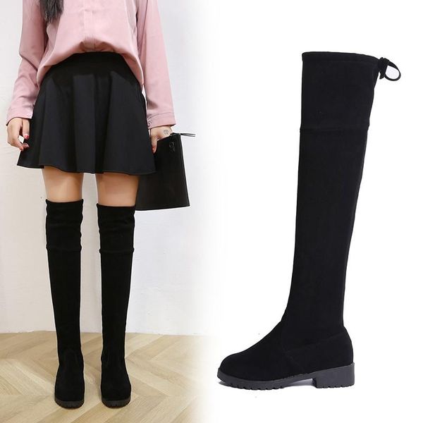 

plus size long boots over the knee women shoes woman winter black flock square mid heels metal lace up