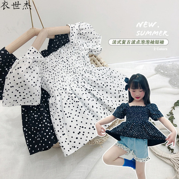 

girls t-shirt 2022 summer new baby polka dot short sleeve bubble retro sleeve doll shirt top, Blue