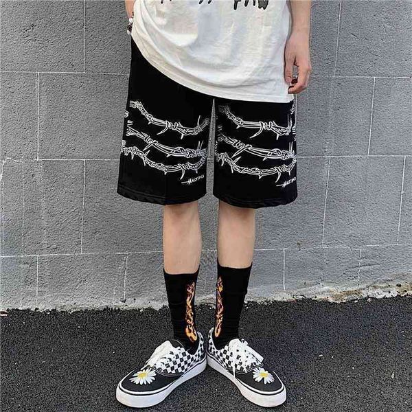 

harajuku streetwear iron chain pattern jogger shorts women men summer loose elastic waist hip hop skateboard shorts 210329, White;black