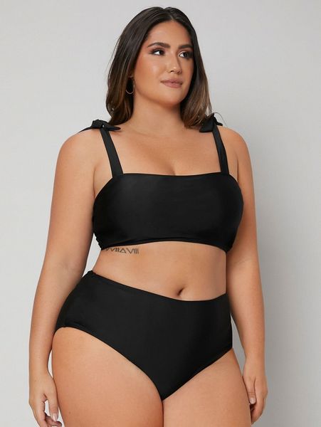 

plus tie shoulder high waisted bikini swimsuit n6tu#, Black
