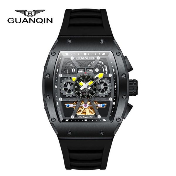 

wristwatches guanqin mens automamatic watches rubber strap waterproof 50 multifunction tonneau design steampunk skeleton mechanical watch, Slivery;brown