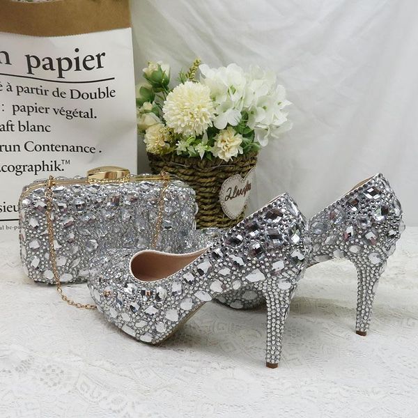 

dress shoes women shoe silver crystal luxury wedding round toe thin heel party bride and bag set large size platform heels, Black