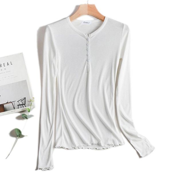 

women's t-shirt cotton knitted deep v-neck slim t shirt front button ruffles long sleeve autumn elegant women see through 2021, White