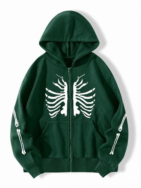 

skeleton print zip up thermal hoodie l0fp#, White;black