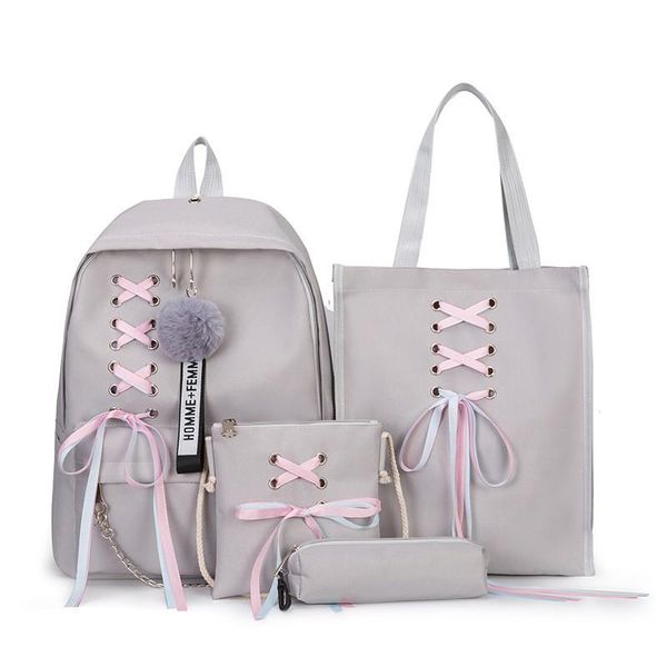 

backpack 4pcs/set ribbon chain bowknot letter mochila canvas travel rucksacks leisure backpacks for teenage girls school bagpack