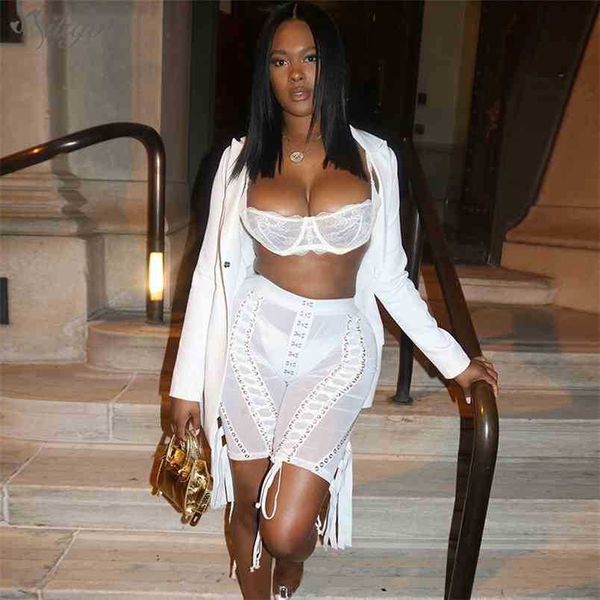 

women's pants set long sleeve hollow jacket and sheer mesh fringed 2 two-piece club celebrity party 210525, White