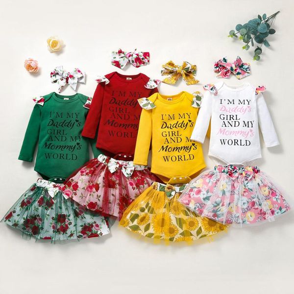 

clothing sets born baby girls clothes little girl set ruffles letter print romper bodysuit+floral tulle skirt+headband outfits 3pcs, White