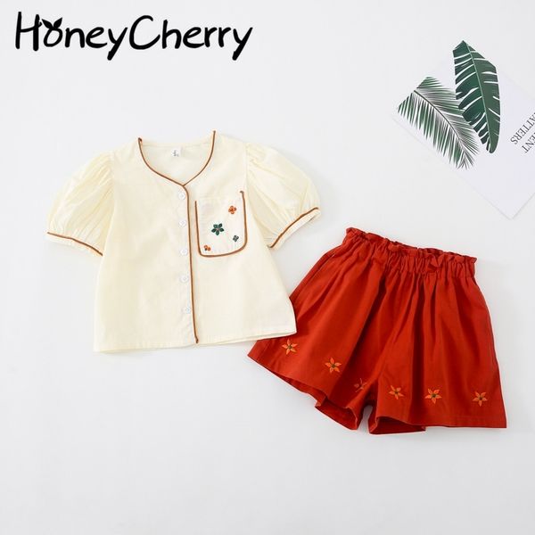 

girls' embroidered shirt and shorts set summer shirt + shorts 2 piece set baby girl outfit 210701, White