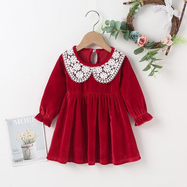 

girl's dresses winter 2021 arrivals girls dress cotton long sleeve o neck lace wine red solid cute streetwear vestidos 0-24m, Red;yellow