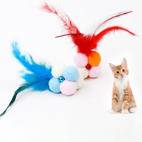 

cat toys 1pcs chewing plush interactive toy with bell gradient feather glutinous rice ball scratching bite resistant