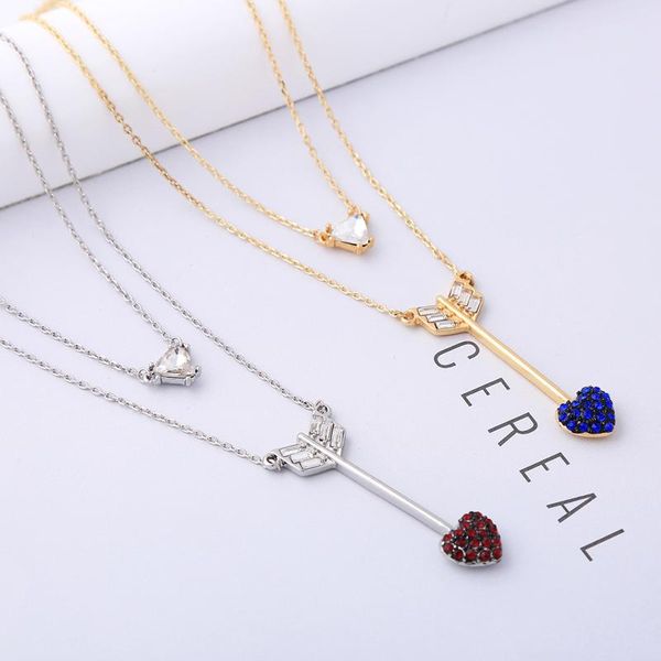 

pendant necklaces xl01916c gold color blue red crystal heart double chain necklace 2021 wholesale jewelry for women, Silver