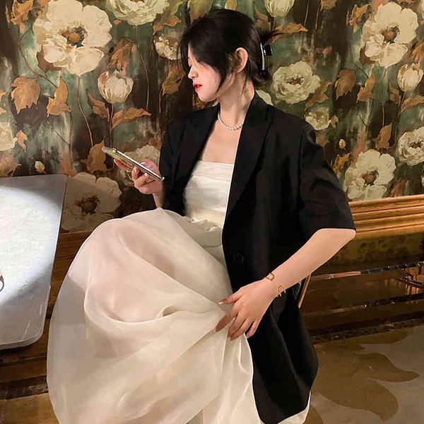 

women's suits & blazers [eam] women black back bandage bow big size blazer lapel half sleeve loose fit jacket fashion spring summer 202, White;black